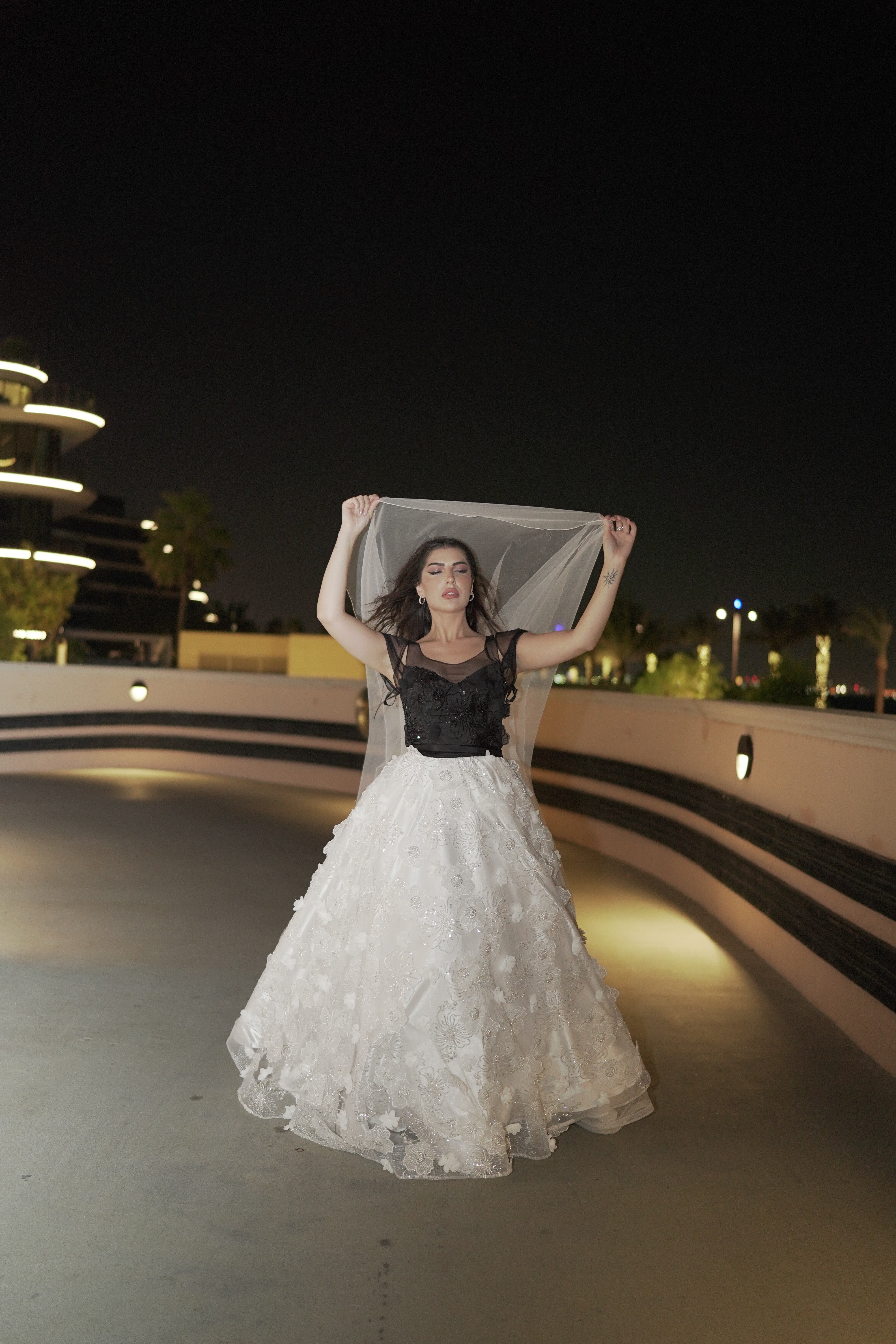 the Blossom flower wedding dress black and white.