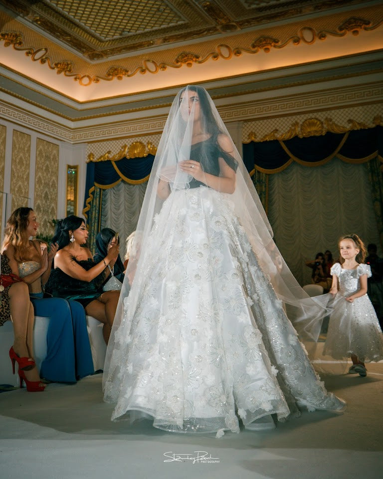 the Blossom flower wedding dress black and white.