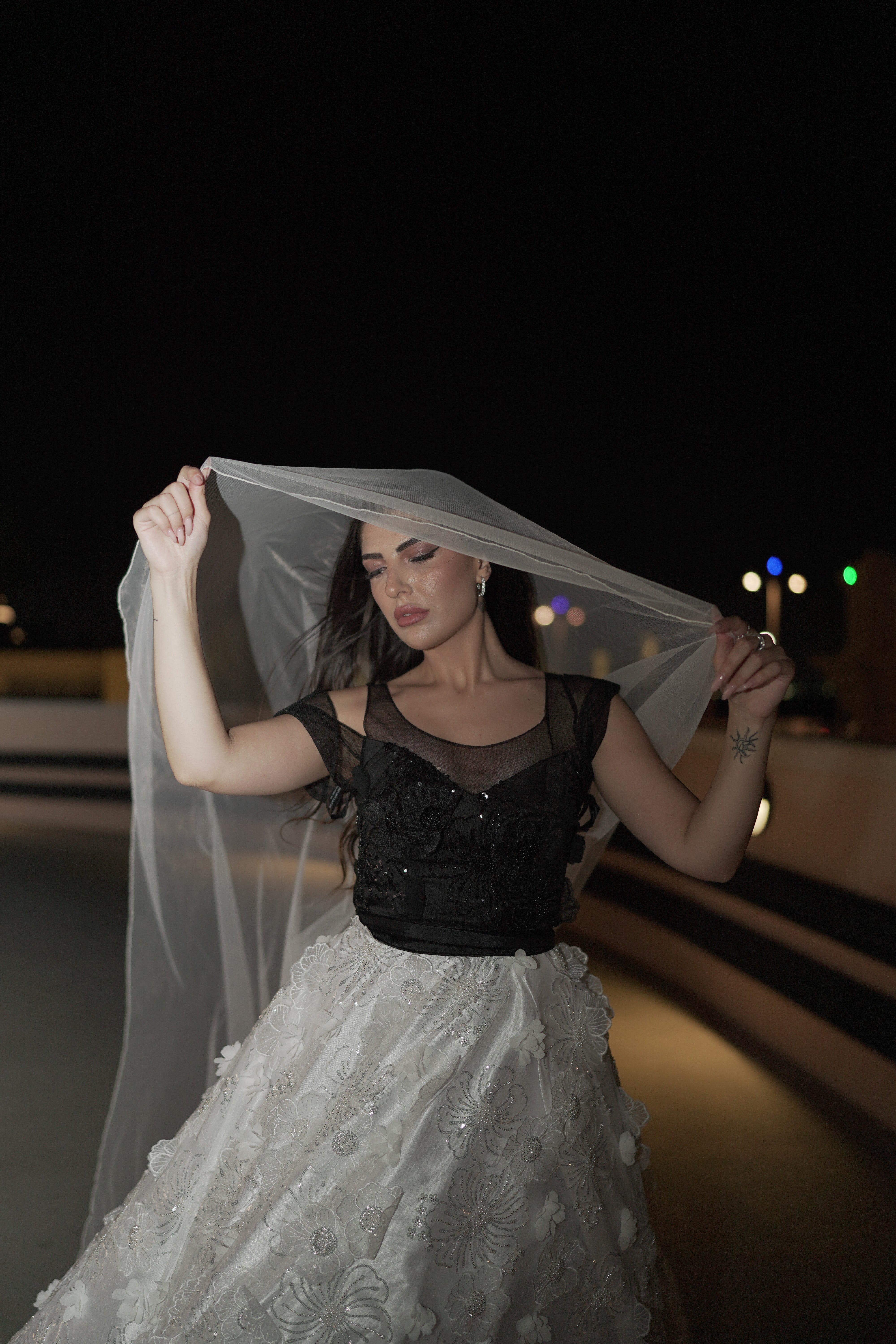 the Blossom flower wedding dress black and white.