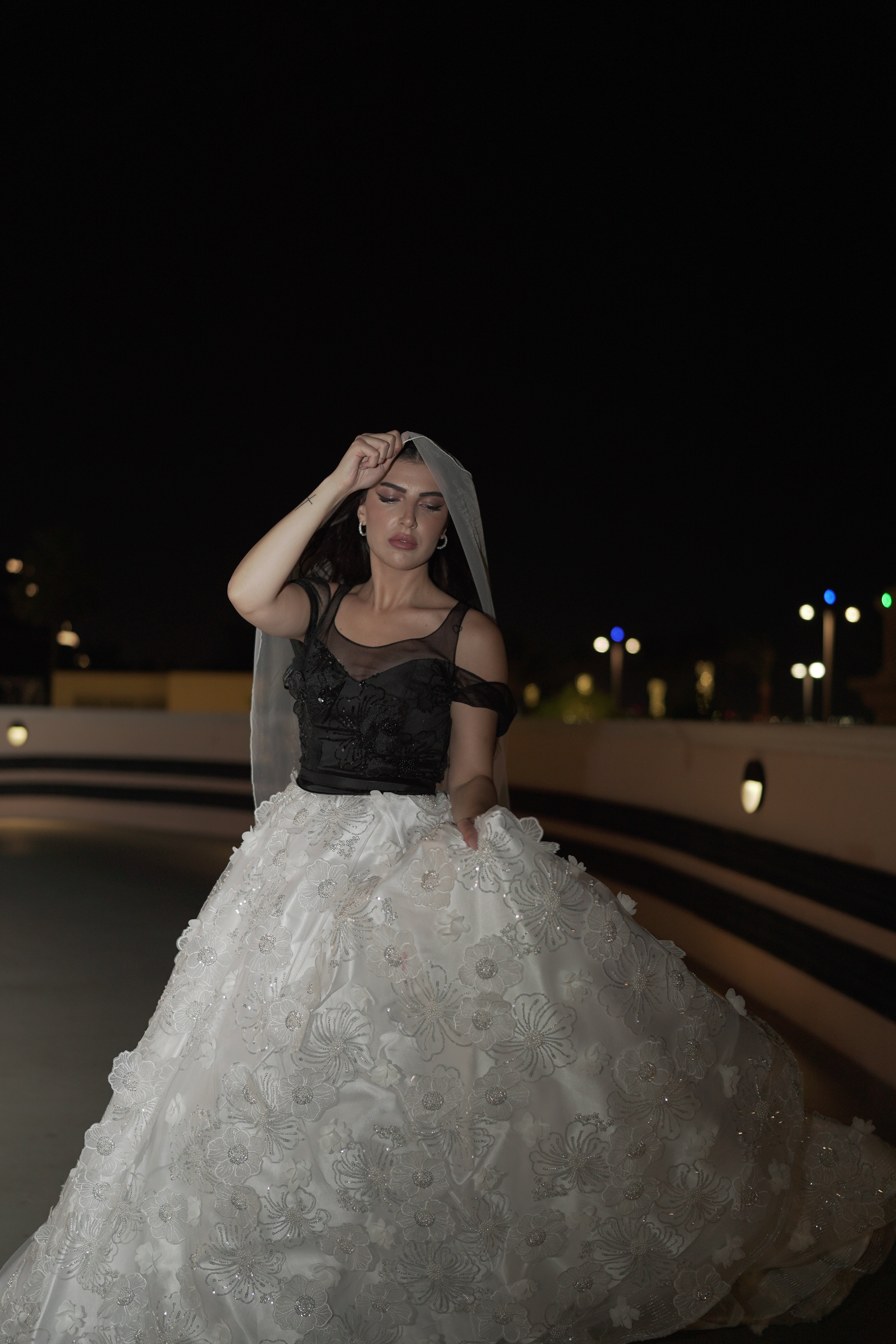 the Blossom flower wedding dress black and white.