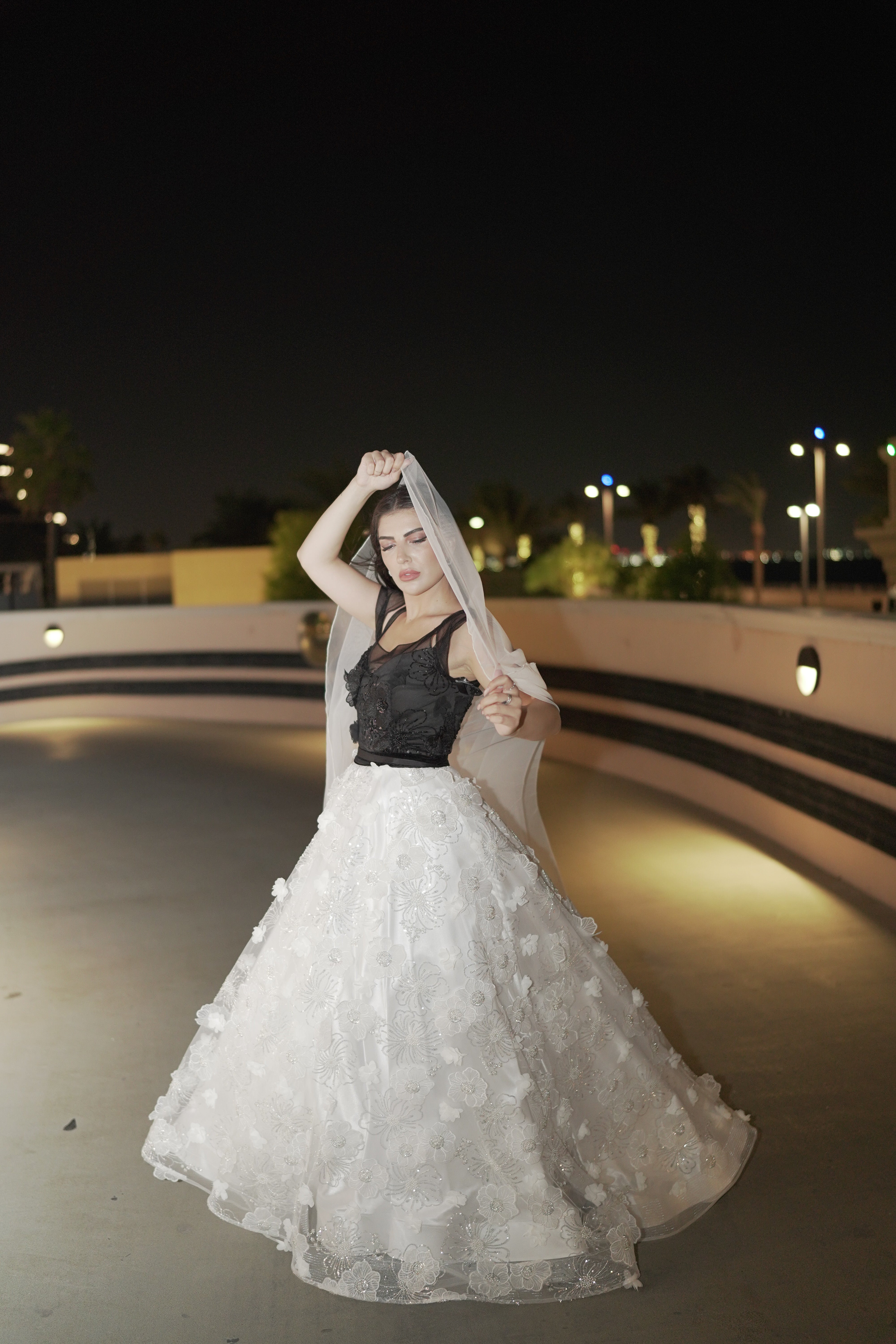 the Blossom flower wedding dress black and white.