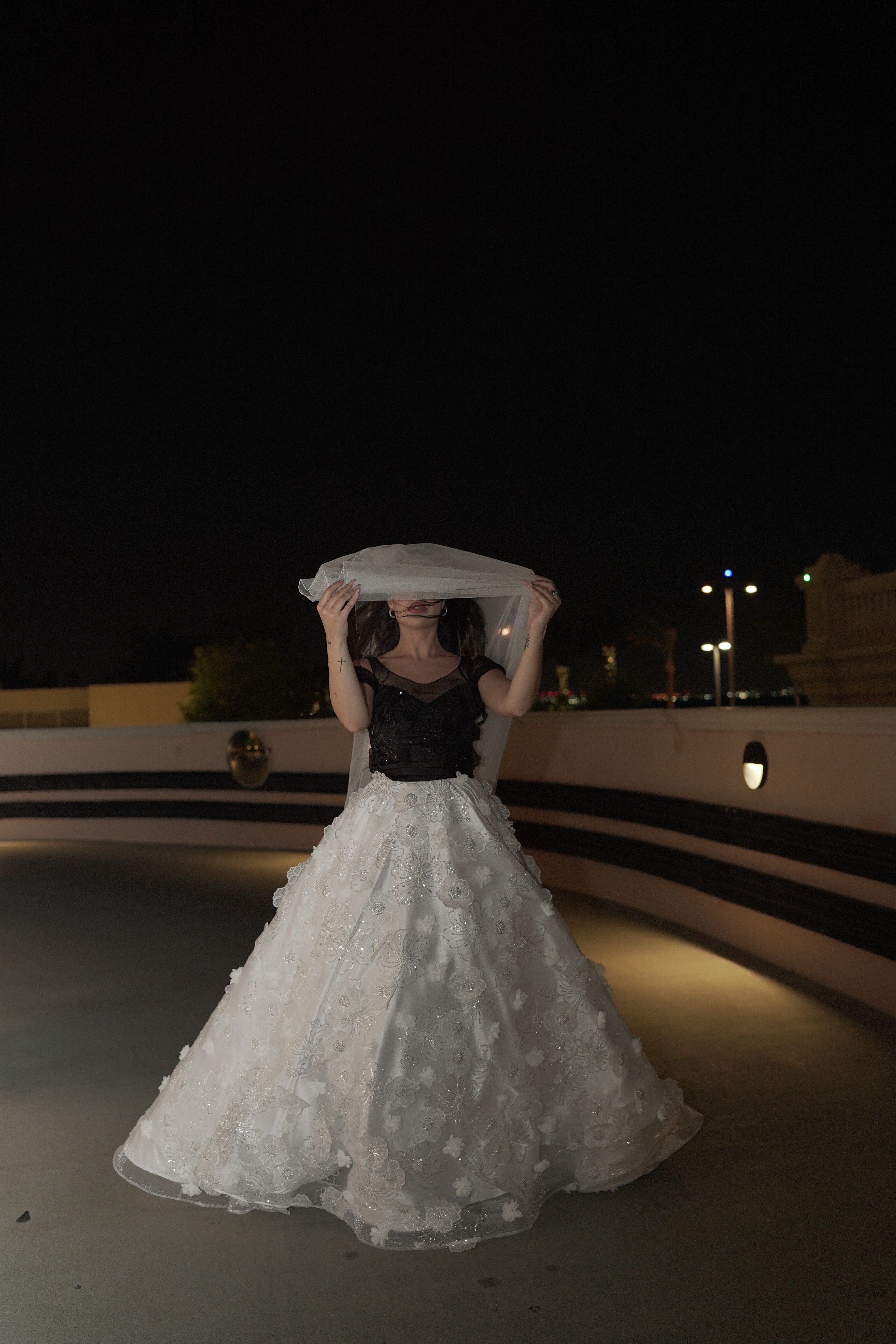 the Blossom flower wedding dress black and white.