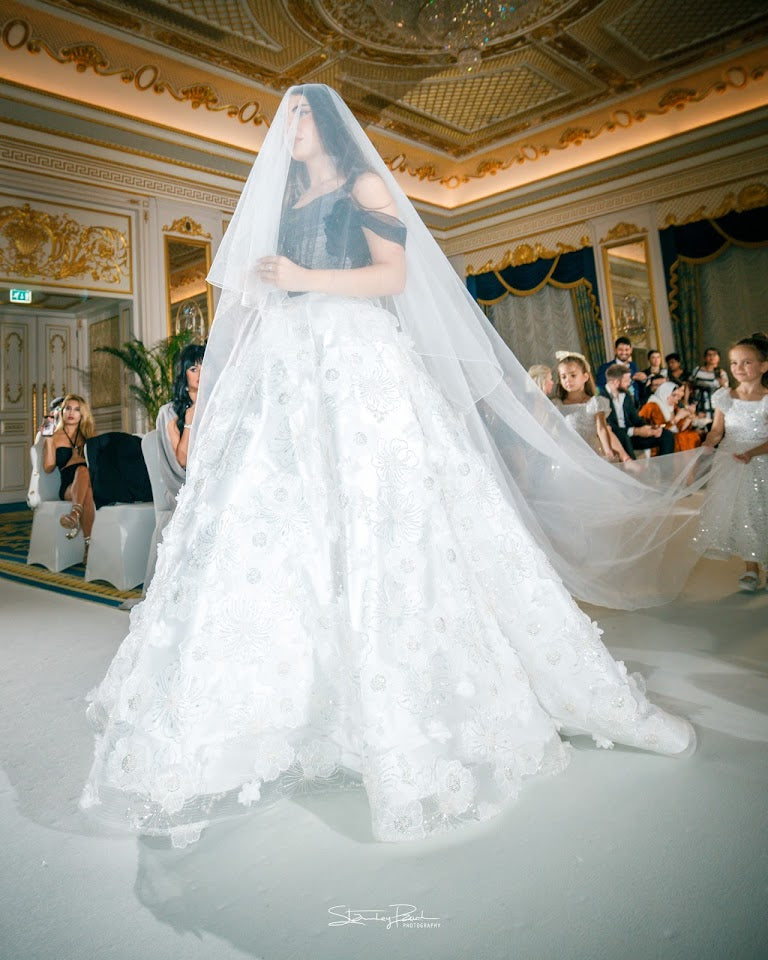 the Blossom flower wedding dress black and white.